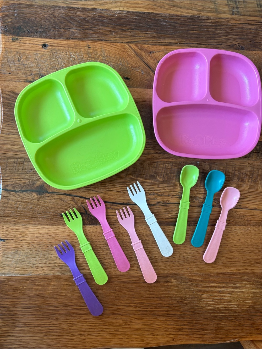 Replay set of 2 plates and three spoon, 5 forks, pink green turquoise toddler